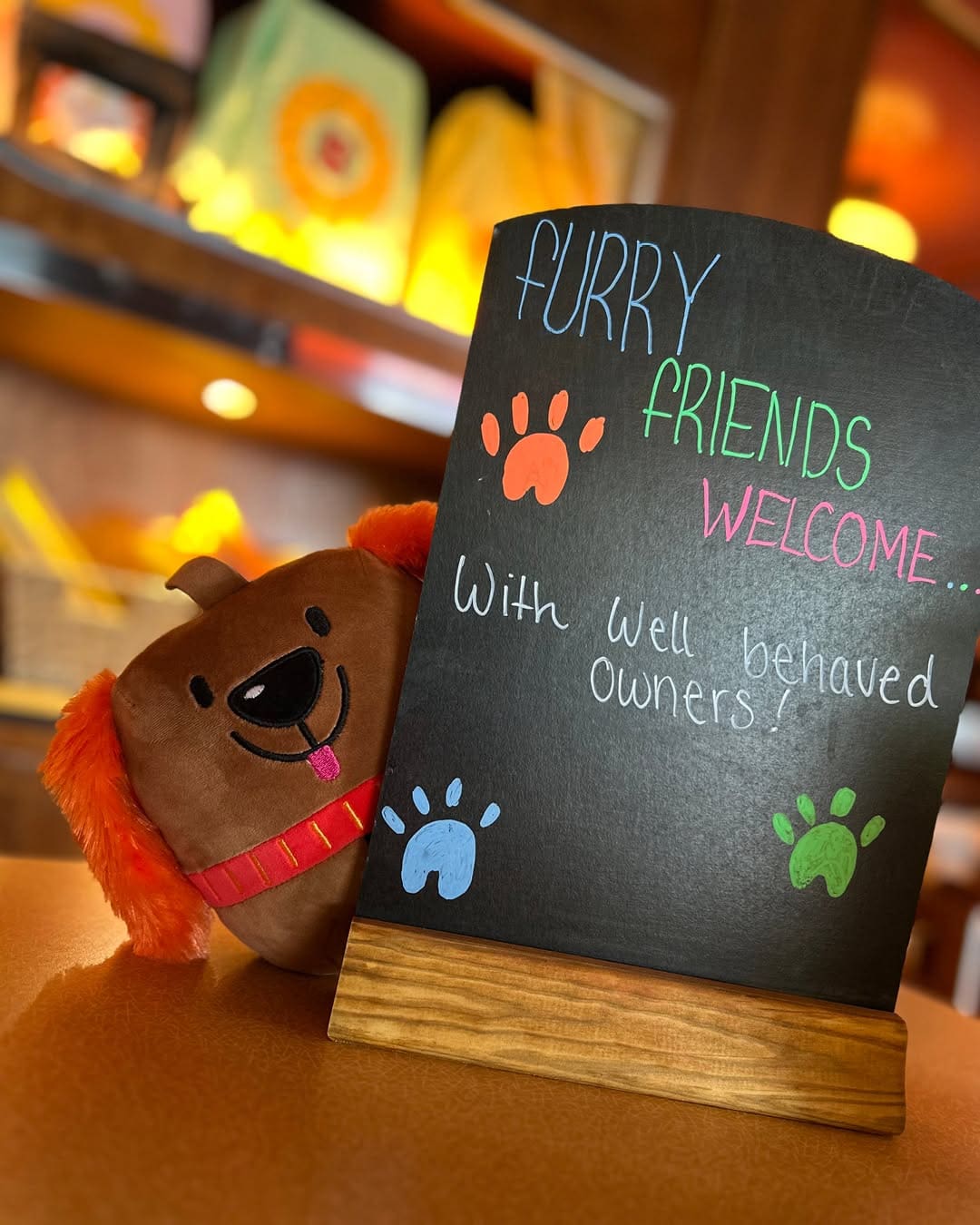 A plush dog toy sits beside a blackboard sign that reads, "Furry friends welcome... with well behaved owners!" The sign is decorated with colorful paw prints and playful handwriting.